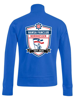 Preview: Zipperjacke mit Stehkragen "Hansa Fanclub Nordhessen" - royalblau - Brustlogo und Rücken groß"